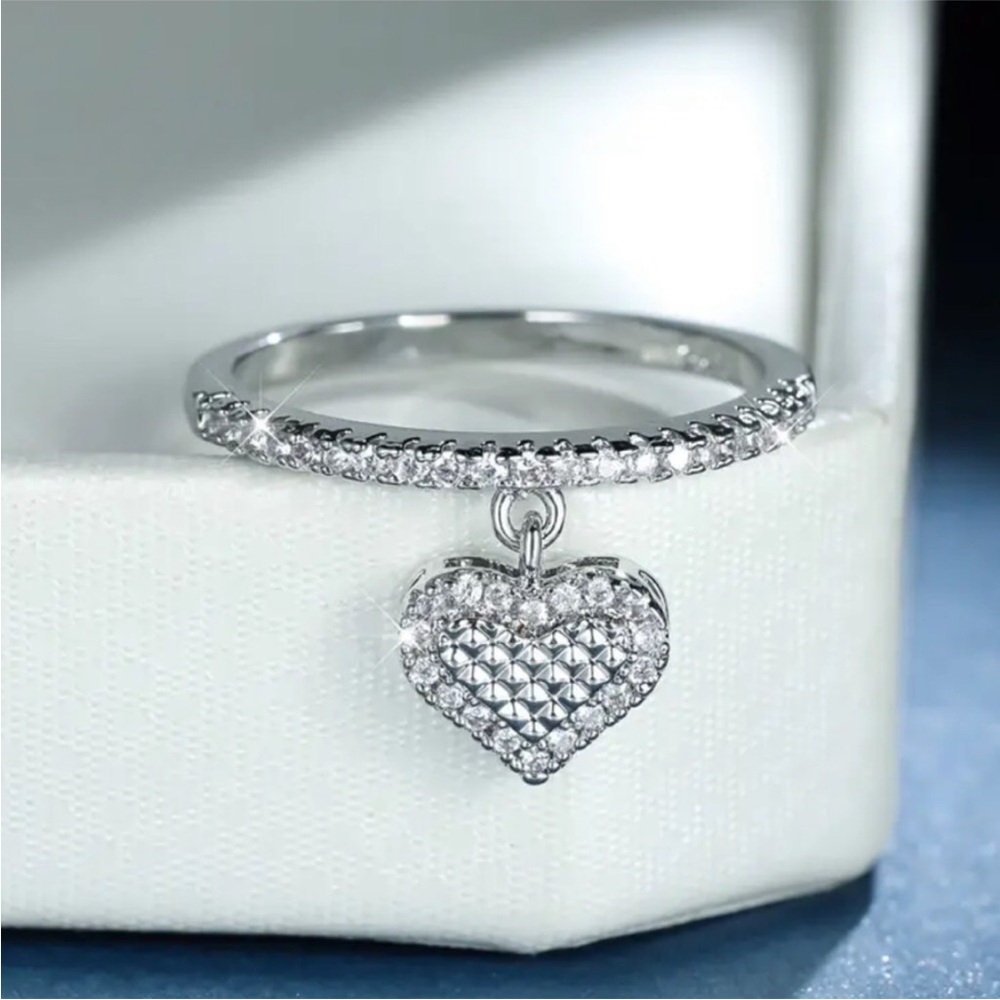 18K Gold Plated Silver Pavé Heart Charm Ring - Women Jewelry